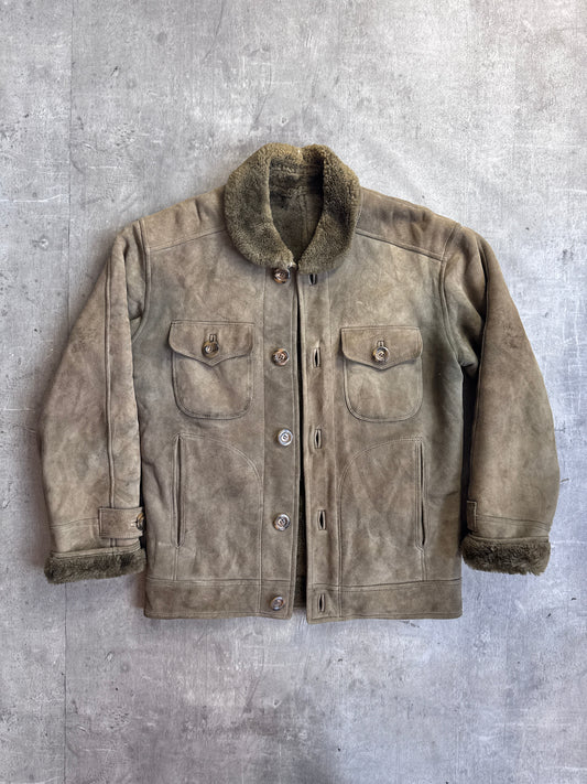 Burberry Olive Suede Shearling Button Down Jacket
