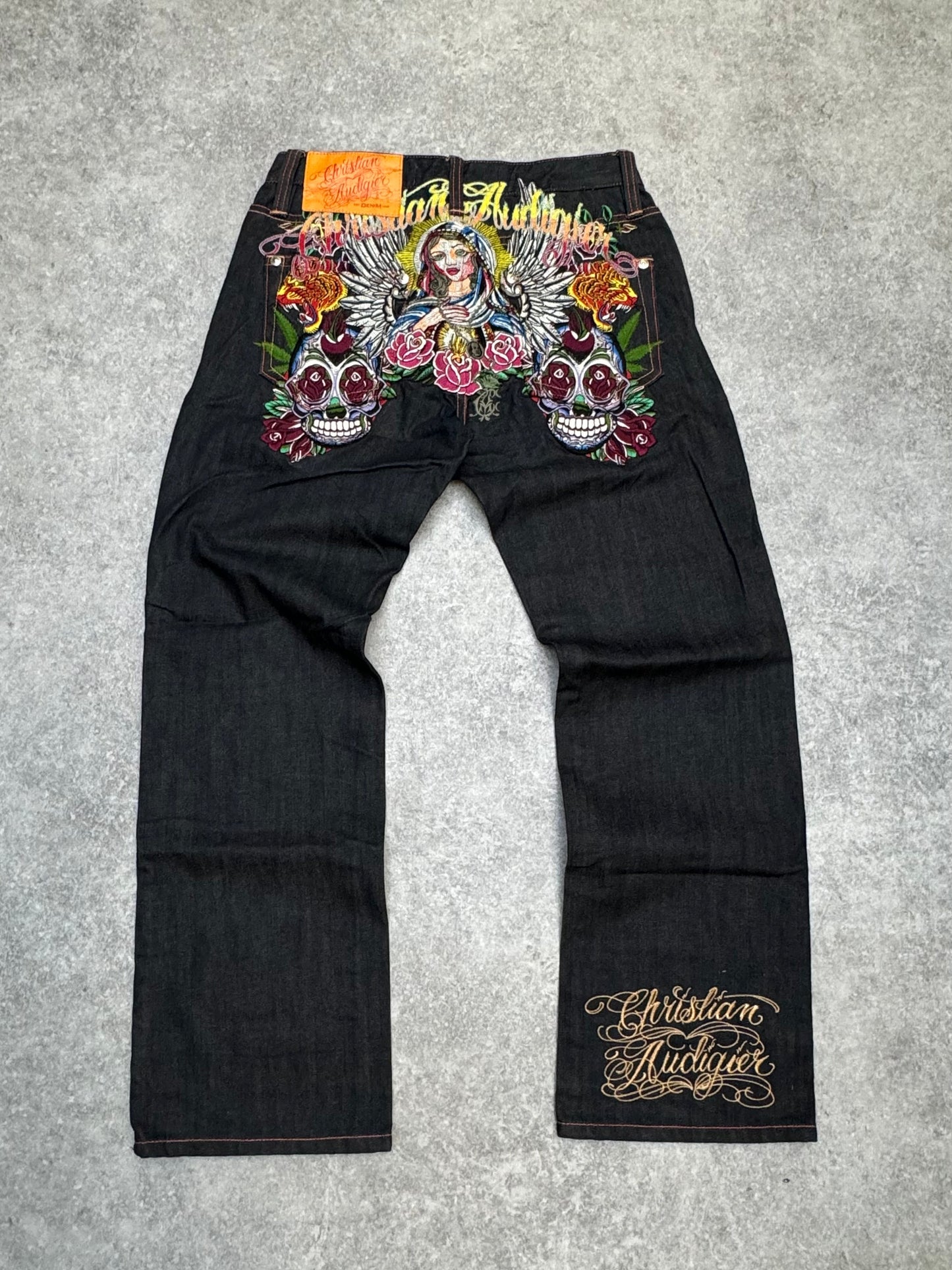 Christian Audigier Mother Mary All-Over Embroidered Baggy Jeans