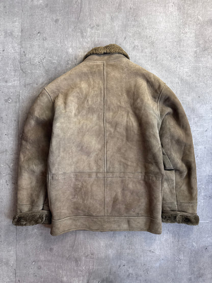 Burberry Olive Suede Shearling Button Down Jacket