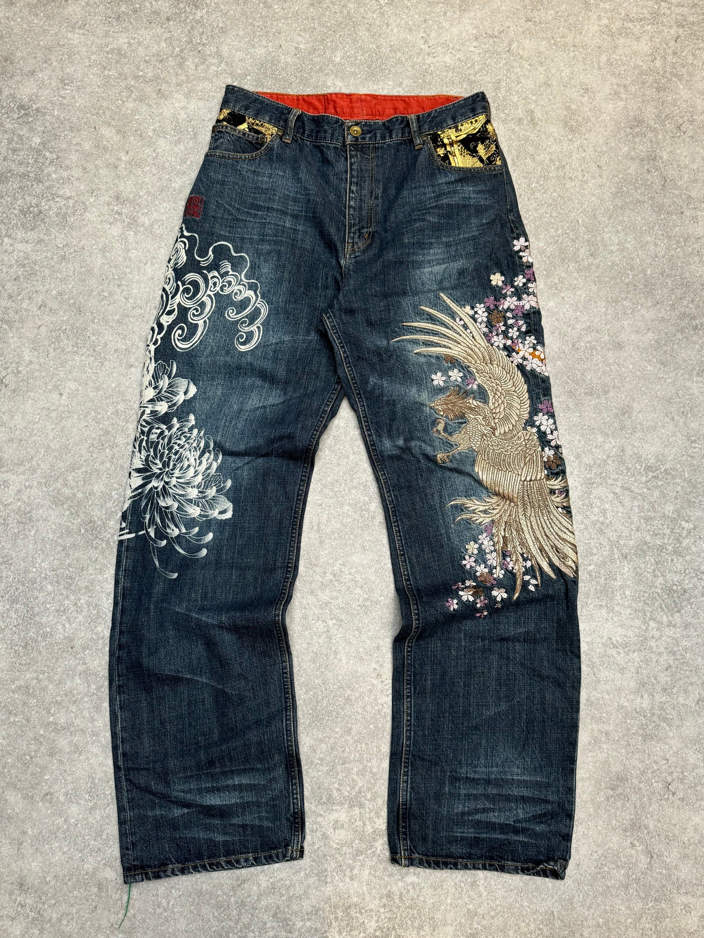 Karakuri Gold Pheonix Cherry Blossom Embroidered Floral Patch Jeans