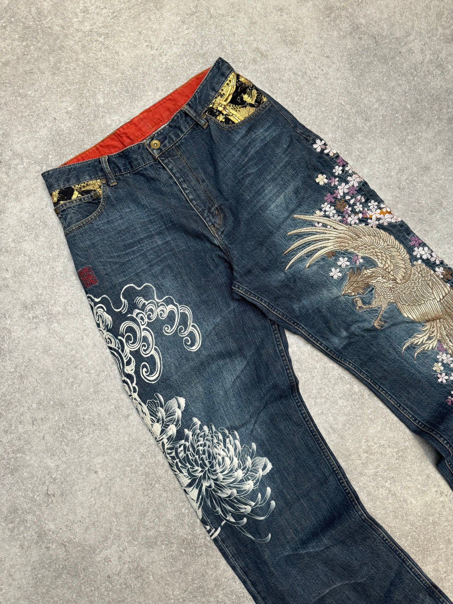 Karakuri Gold Pheonix Cherry Blossom Embroidered Floral Patch Jeans