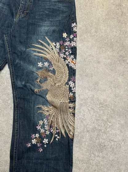 Karakuri Gold Pheonix Cherry Blossom Embroidered Floral Patch Jeans