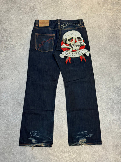 Ed Hardy Darkwash Death or Glory Diamante Skull Embroidered Jeans