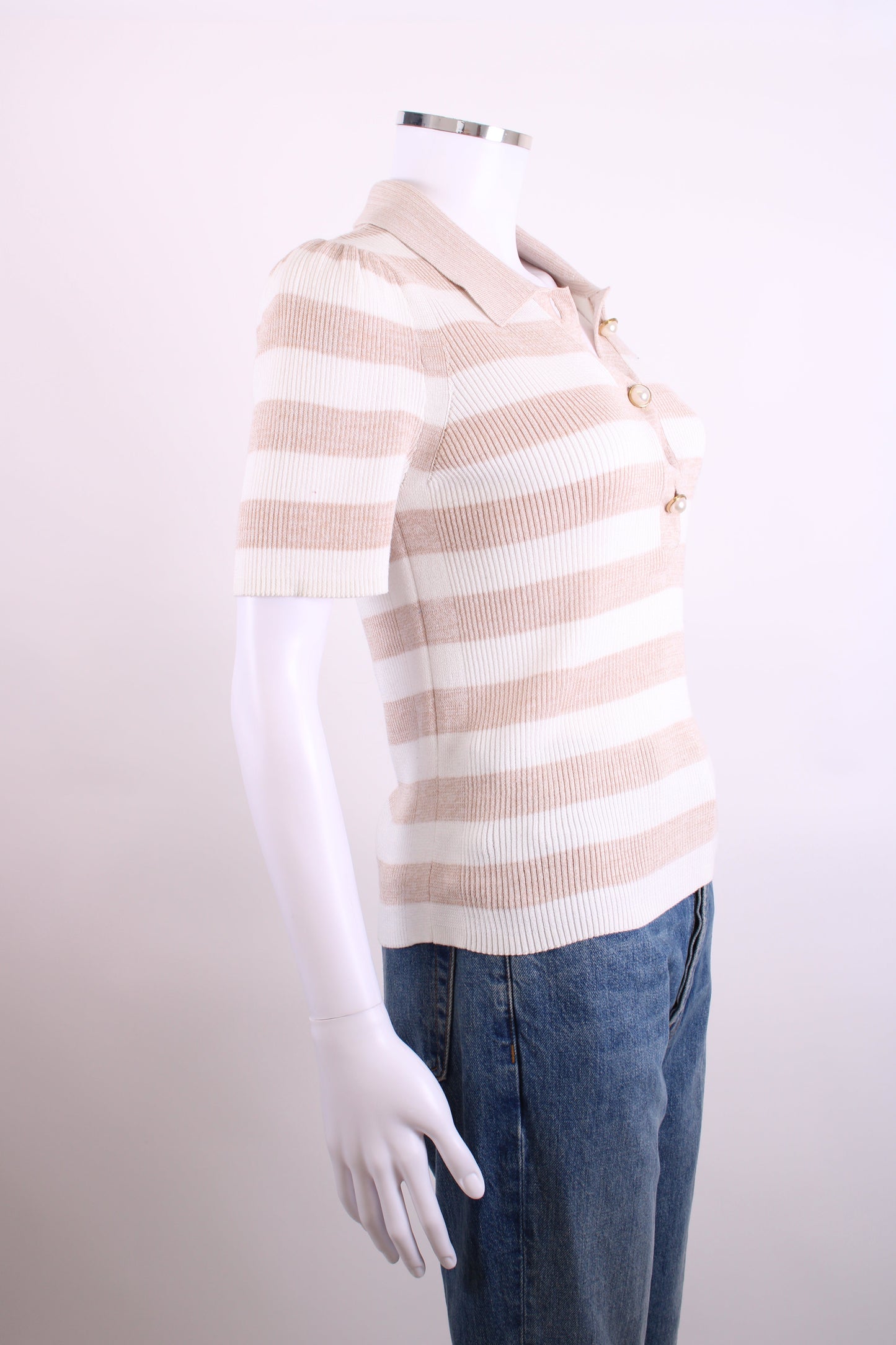 ME+EM S/S Stripe Rib Polo Top Beige/ Cream S | Small, Beige