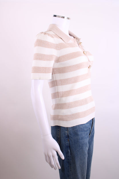 ME+EM S/S Stripe Rib Polo Top Beige/ Cream S | Small, Beige