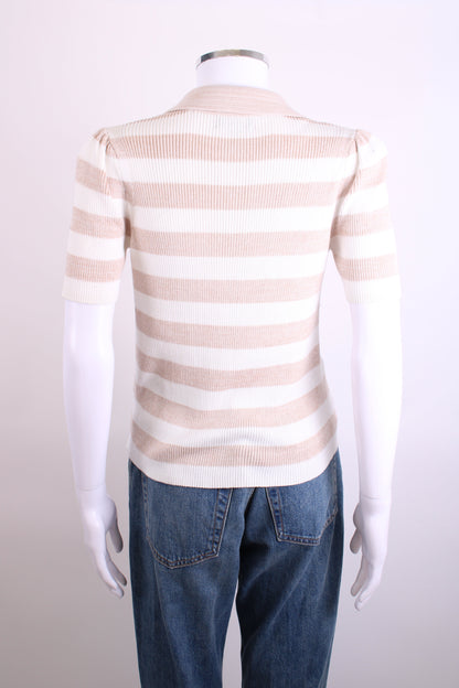 ME+EM S/S Stripe Rib Polo Top Beige/ Cream S | Small, Beige