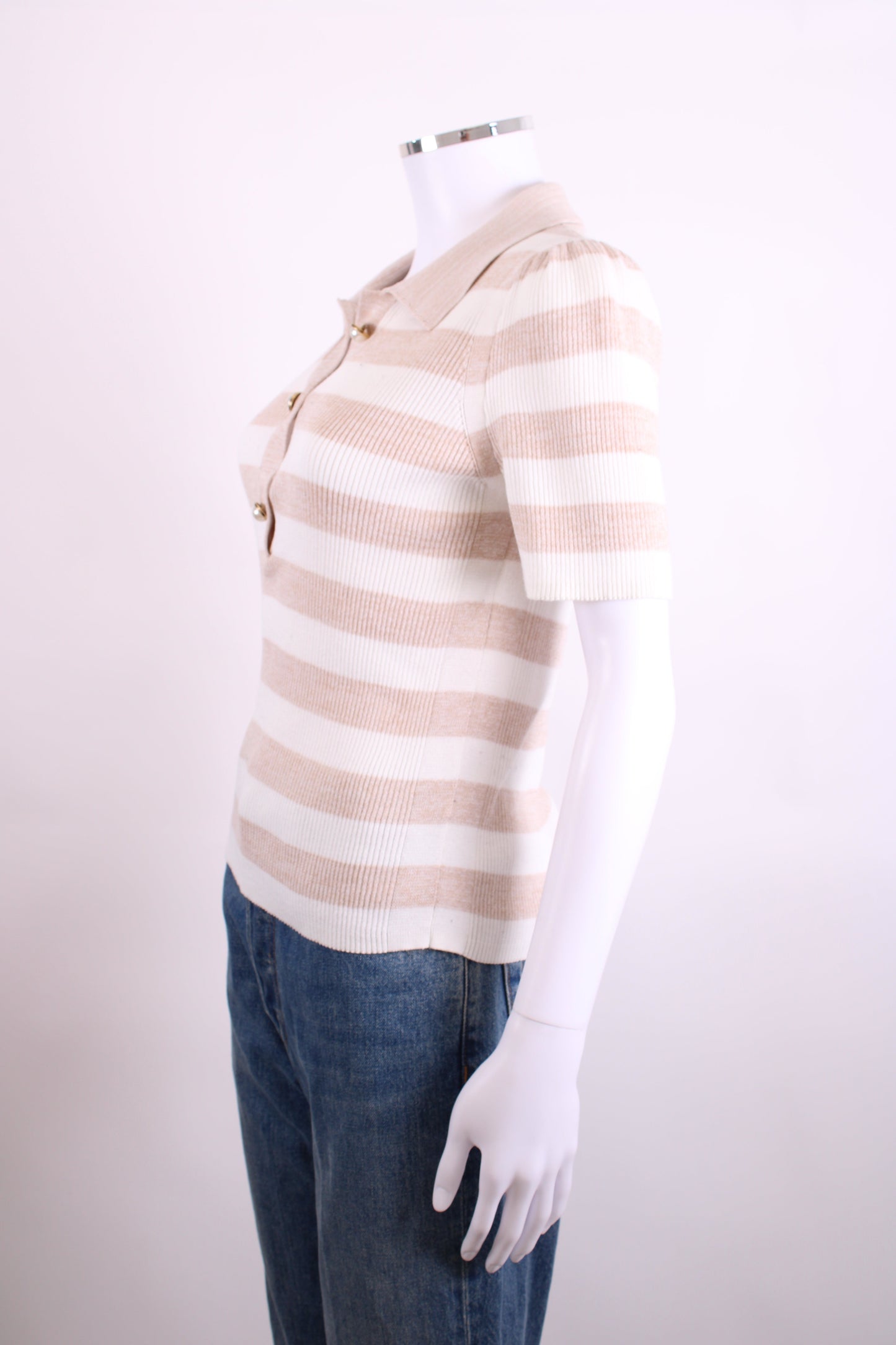 ME+EM S/S Stripe Rib Polo Top Beige/ Cream S | Small, Beige