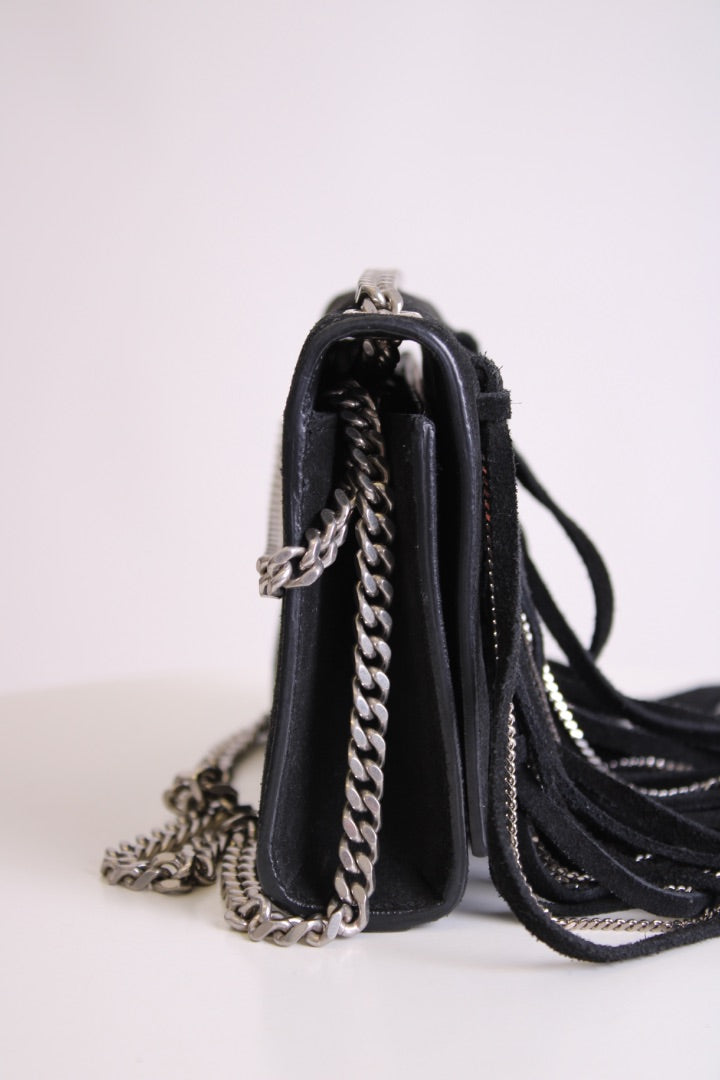 Black/ Silver Saint Laurent Fringe/ Chain Bag | O/S, Black