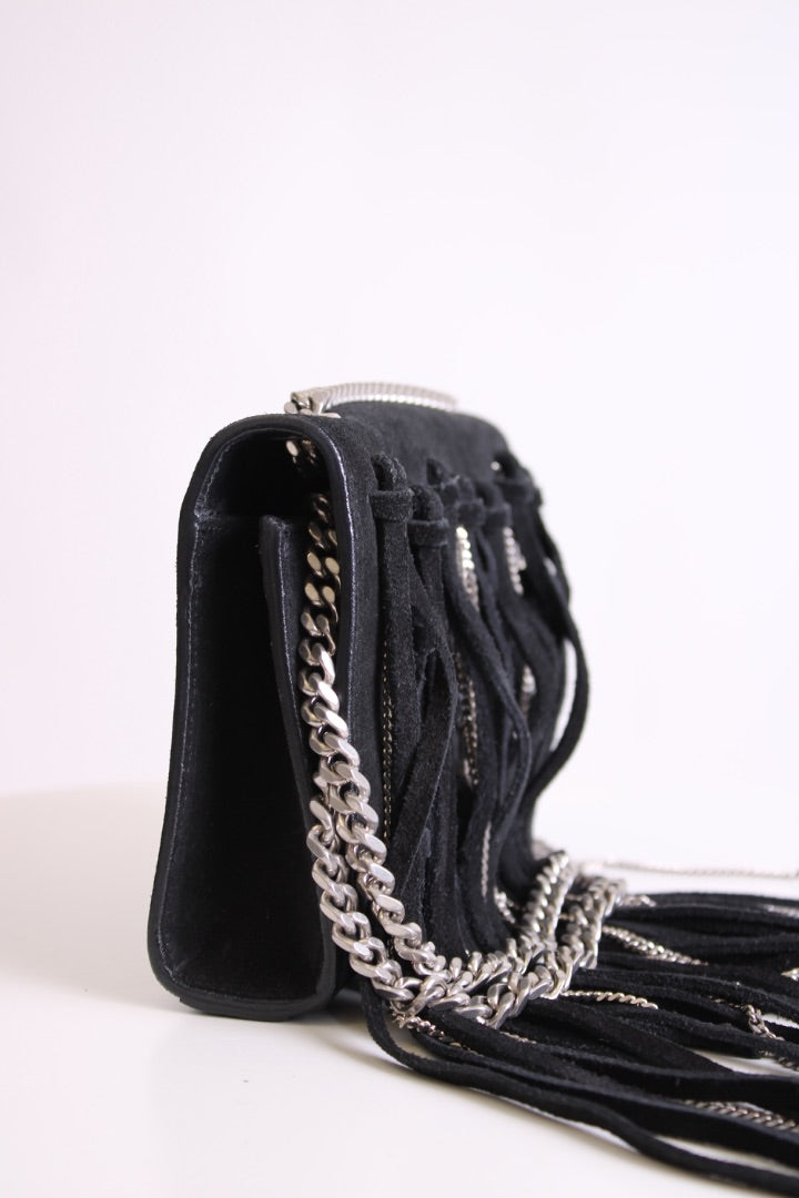 Black/ Silver Saint Laurent Fringe/ Chain Bag | O/S, Black