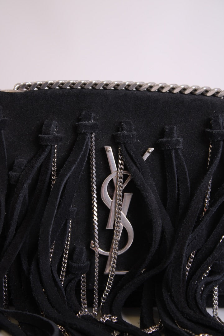 Black/ Silver Saint Laurent Fringe/ Chain Bag | O/S, Black