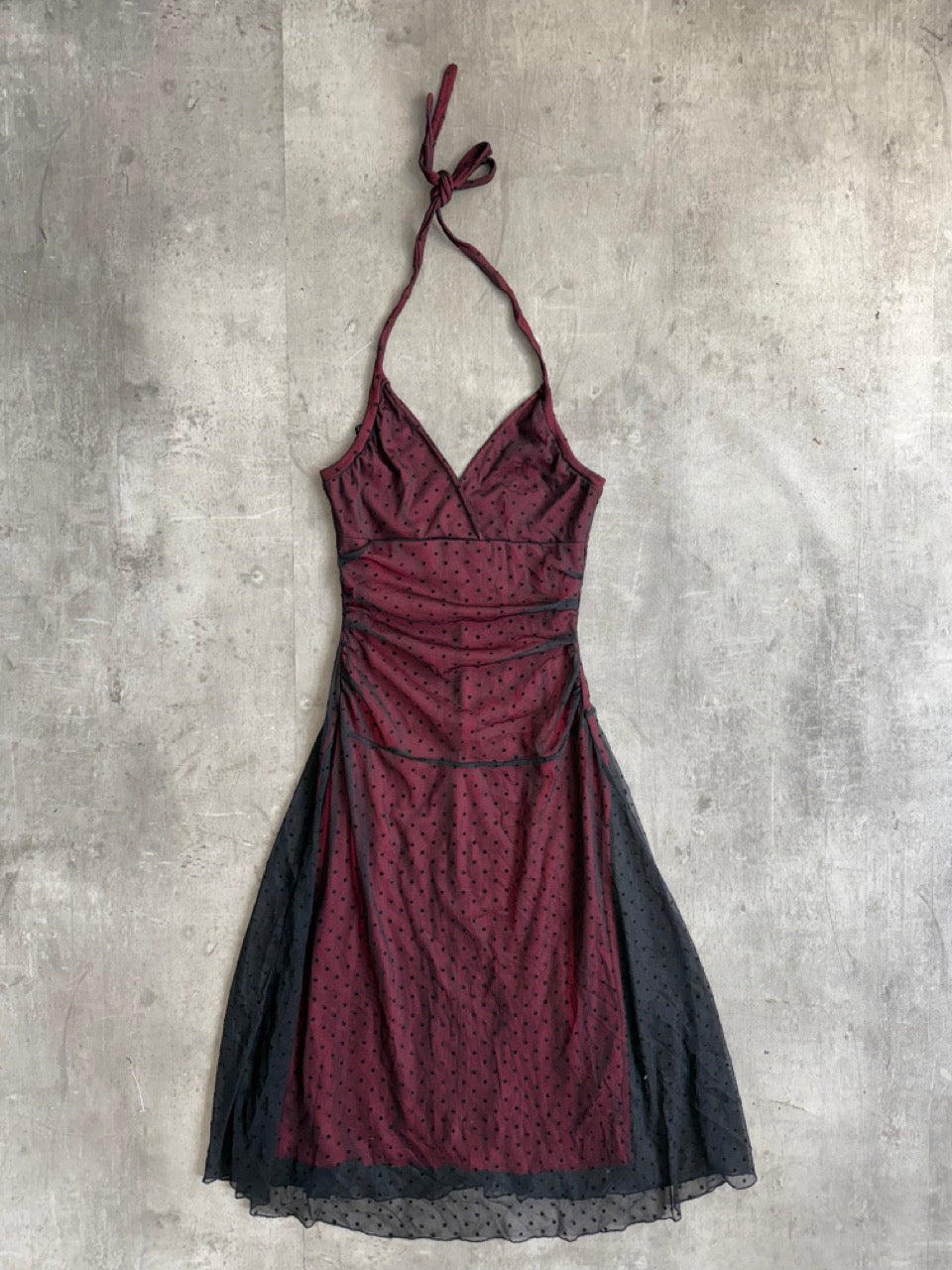 Polka Burgundy Mesh Halter Dress