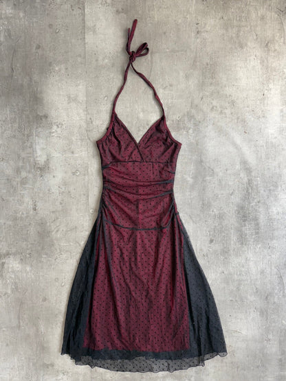Polka Burgundy Mesh Halter Dress