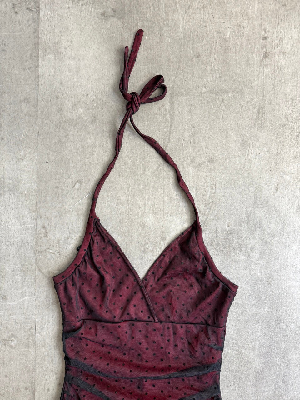 Polka Burgundy Mesh Halter Dress