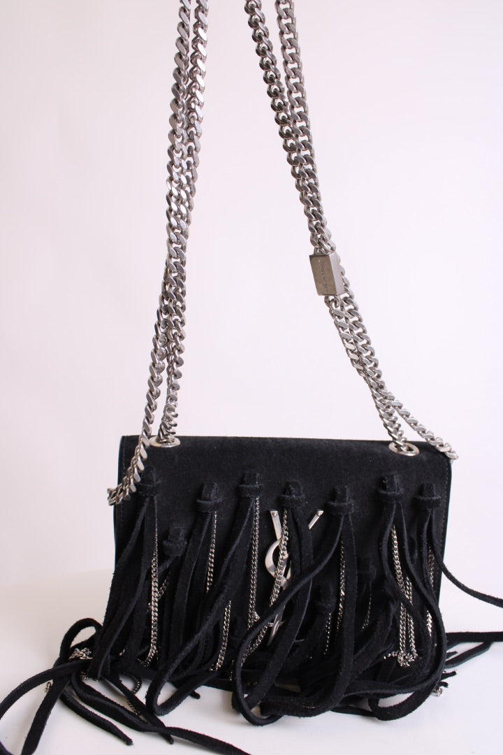 Black/ Silver Saint Laurent Fringe/ Chain Bag | O/S, Black