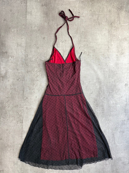 Polka Burgundy Mesh Halter Dress