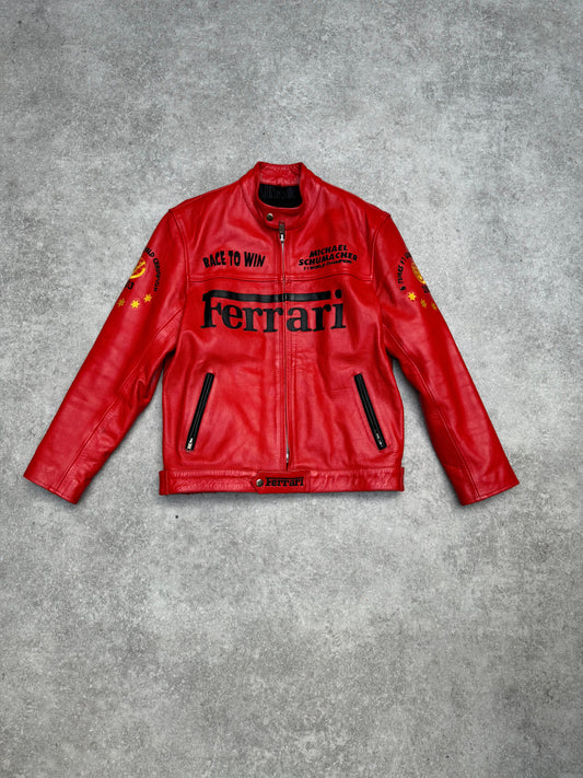 Ferrari Logo Embroidered Grained Leather Racing Jacket