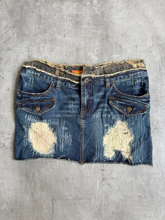 Fishbone Distressed Denim Mini Skirt
