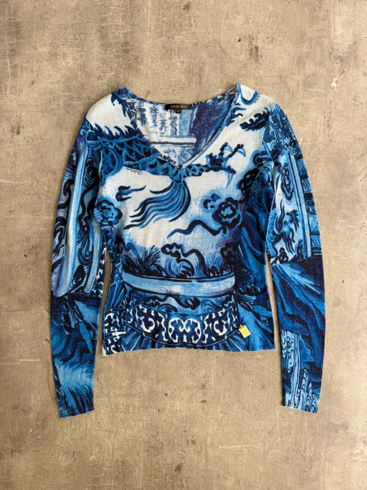 F/W 2005 Roberto Cavalli Chinoiserie Dragon Print LS Tee | Medium, Blue