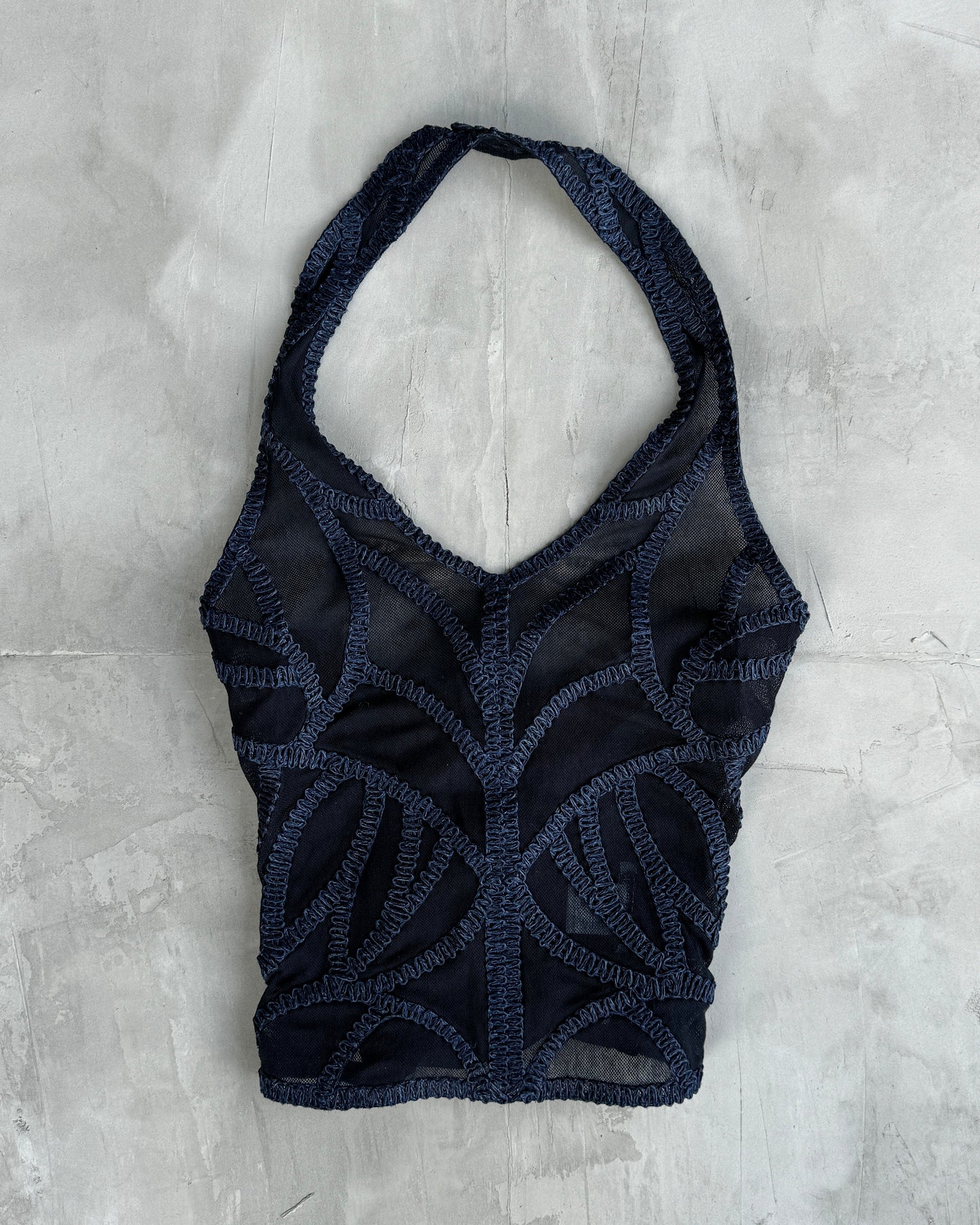 ISSEY MIYAKE 90'S MESH LACE UP HALTER NECK TOP - M | Small, Blue