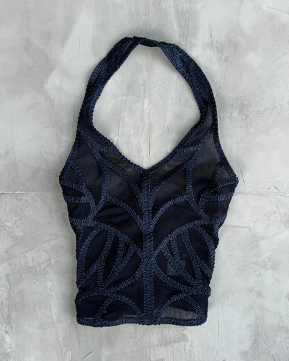 ISSEY MIYAKE 90'S MESH LACE UP HALTER NECK TOP - M | Small, Blue