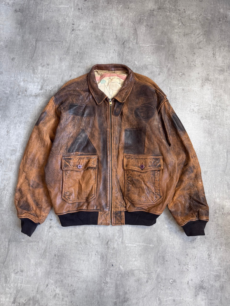 00s Map Lined Distressed Brown Leather Jacket