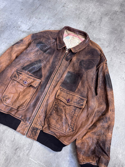 00s Map Lined Distressed Brown Leather Jacket