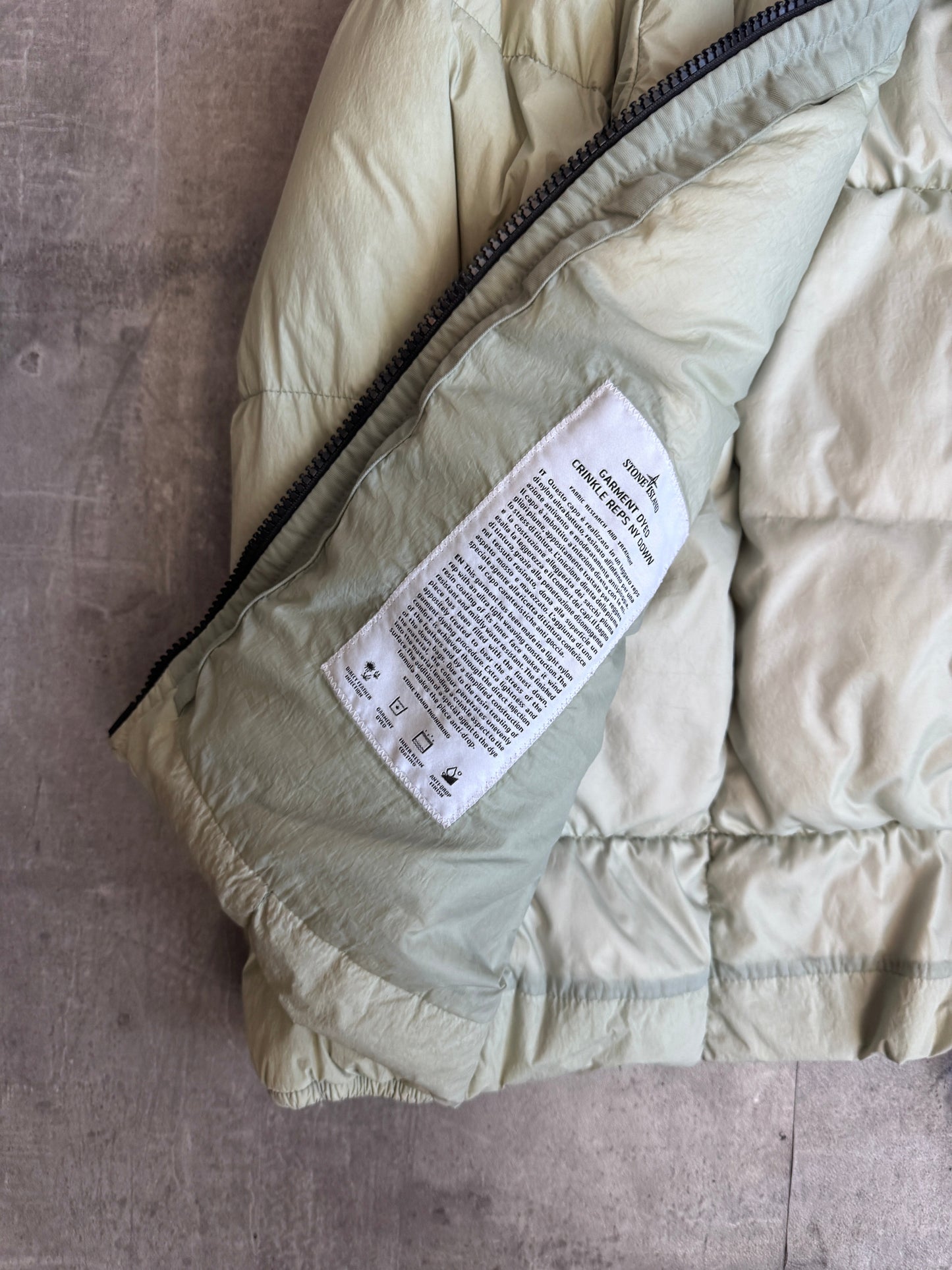 A/W 2019 Stone Island Pale Green Garment Dyed Crinkle Reps Down Jacket (Sold As Seen)