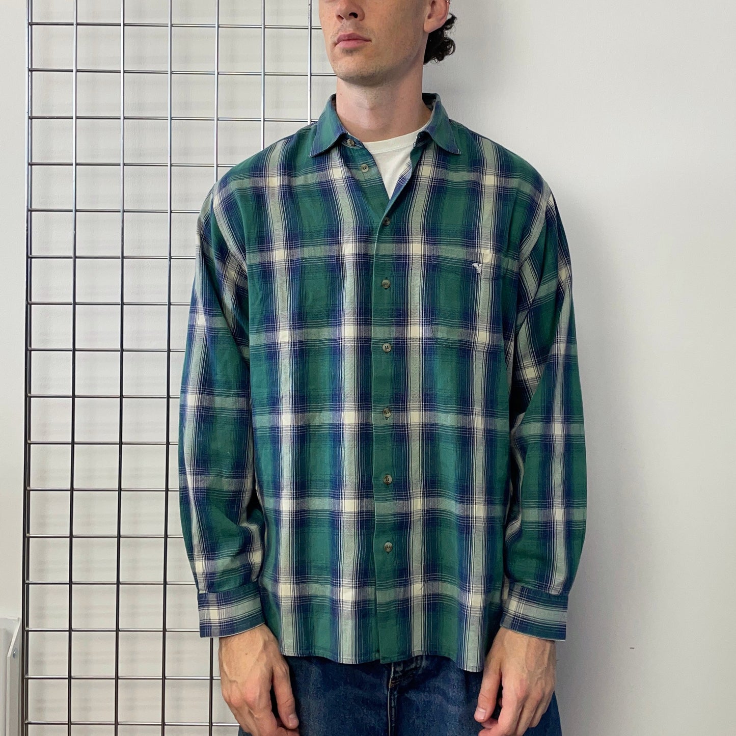 Emporio Armani Green & Blue 90s Flannel Shirt | X-Large, Blue