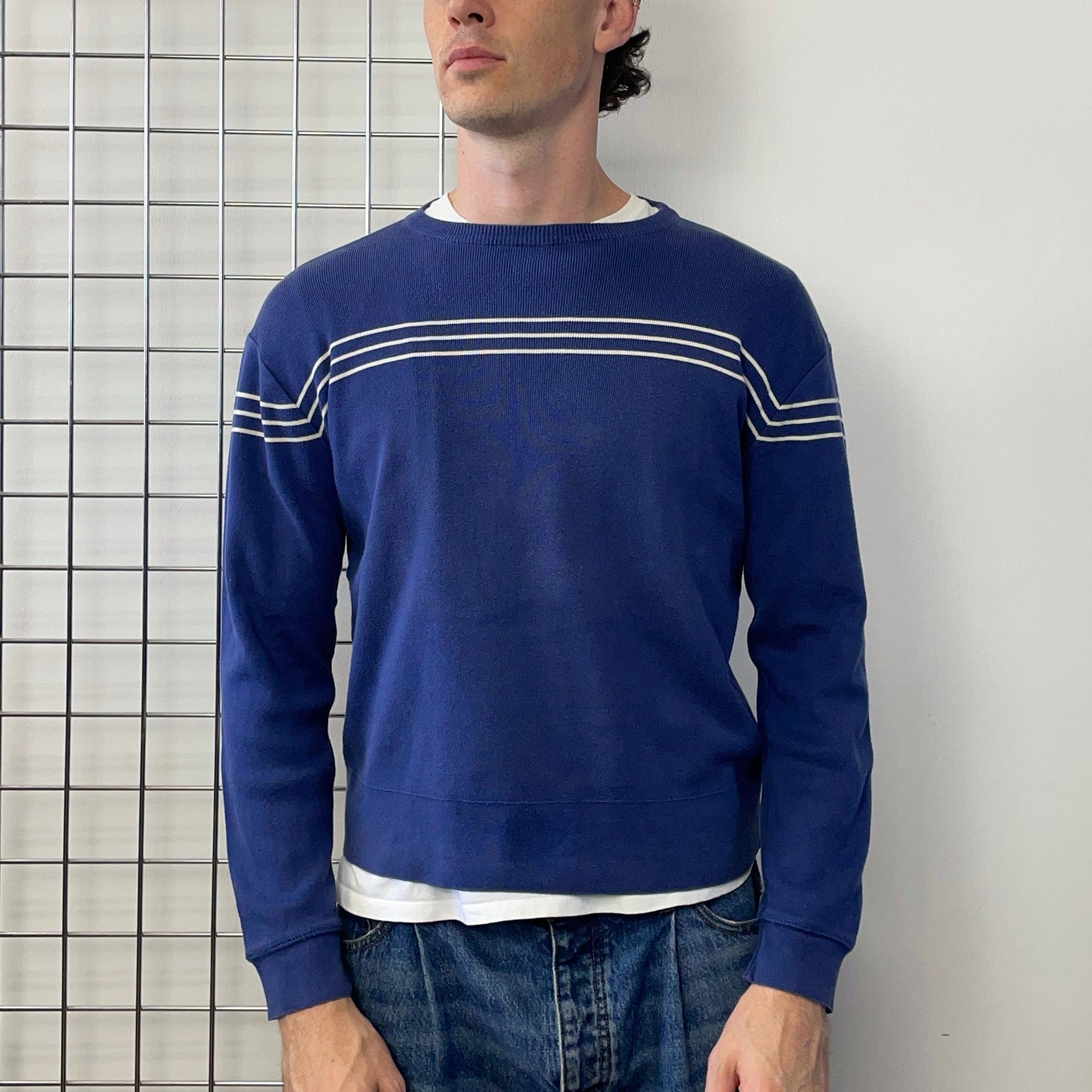 Emporio Armani Blue 90s Bar Stripe Jumper | Medium, Blue
