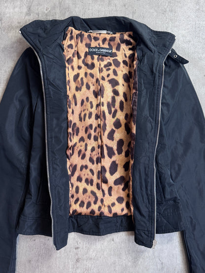D&G Black Full Zip Leopard Print Lined Buckle Cropped Jacket
