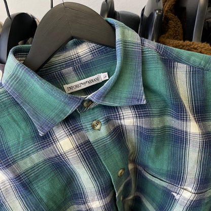Emporio Armani Green & Blue 90s Flannel Shirt | X-Large, Blue