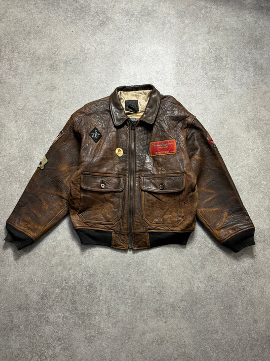 Avirex Distressed Badge Detail Oversized Leather Bomber Jacket