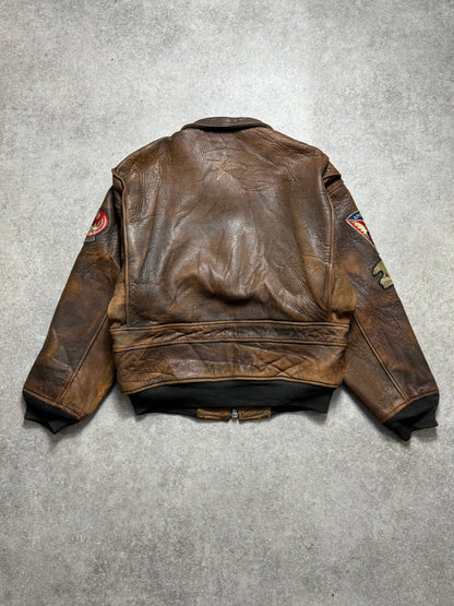 Avirex Distressed Badge Detail Oversized Leather Bomber Jacket