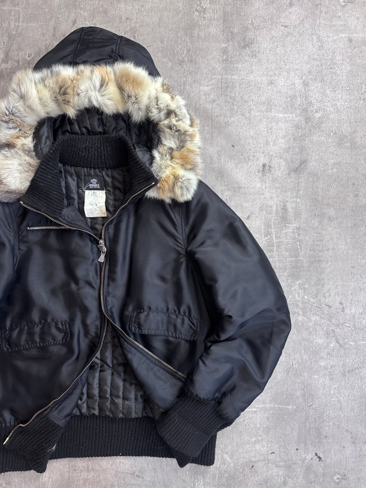 Versace Jeans Couture Rabbit Fur Lined Black Bomber Jacket