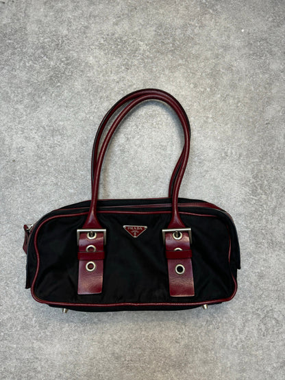 Prada Logo Plaque Black Nylon Red Leather Buckled Shoulder Bag