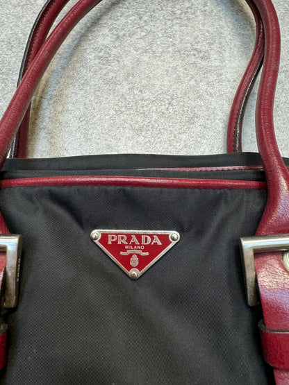 Prada Logo Plaque Black Nylon Red Leather Buckled Shoulder Bag