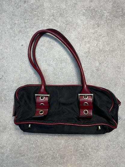 Prada Logo Plaque Black Nylon Red Leather Buckled Shoulder Bag