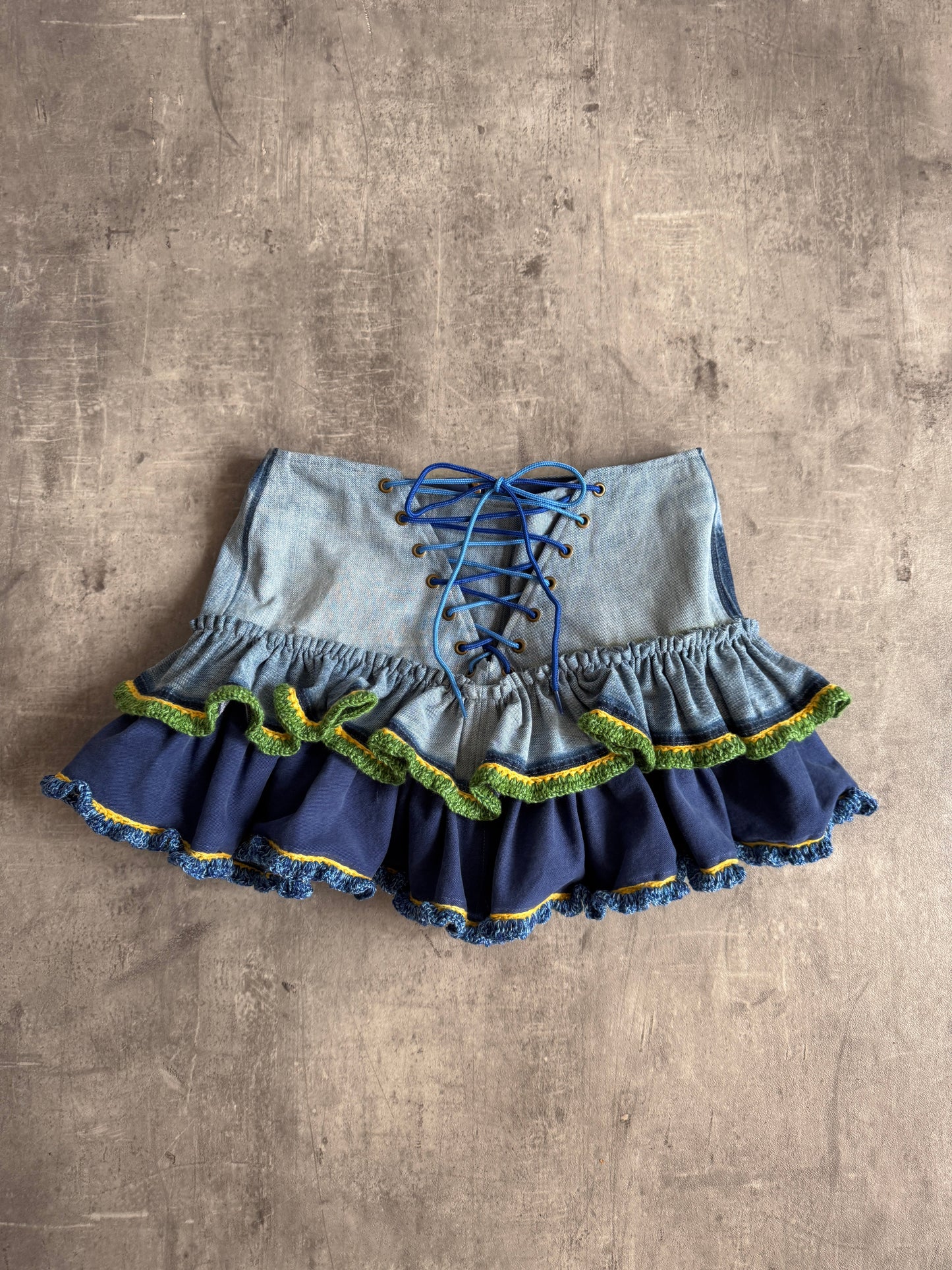 VT Rework x Taya Francis Knit Detail Ruffled Denim Skirt SC: 5782