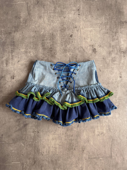 VT Rework x Taya Francis Knit Detail Ruffled Denim Skirt SC: 5782