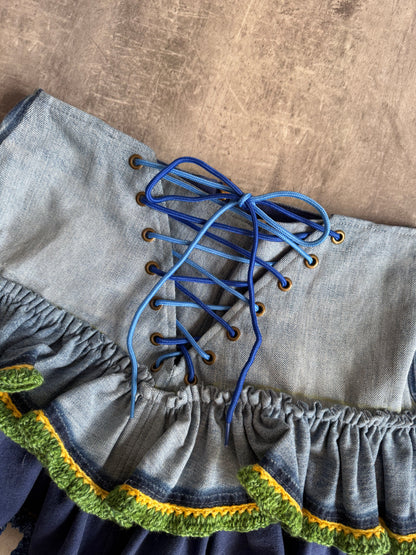 VT Rework x Taya Francis Knit Detail Ruffled Denim Skirt SC: 5782