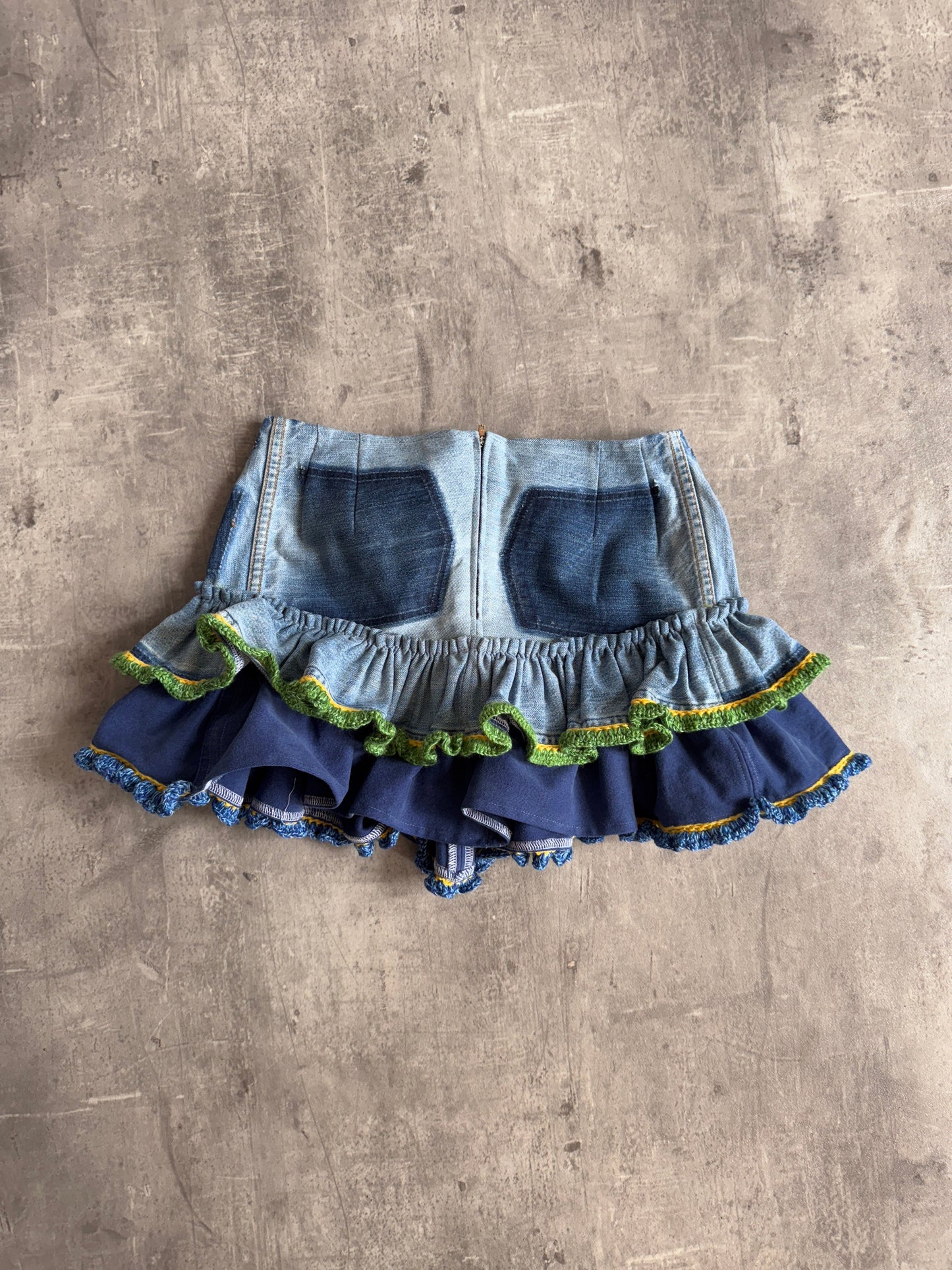 VT Rework x Taya Francis Knit Detail Ruffled Denim Skirt SC: 5782