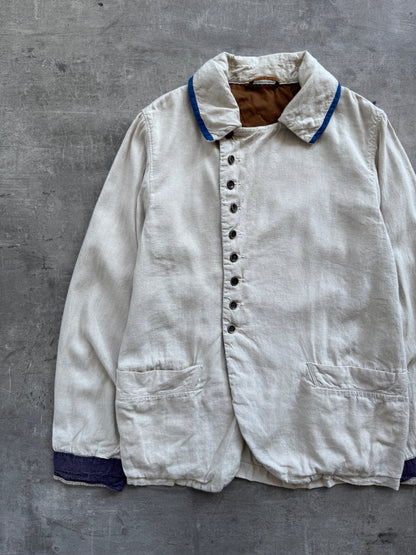 Kapital Japan Contrast Trim Asymmetrical Linen Jacket | Medium, White