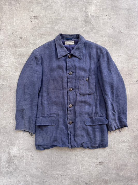 S/S 1997 Issey Miyake Linen Flax Distressed Three Pocket Jacket | Medium, Navy