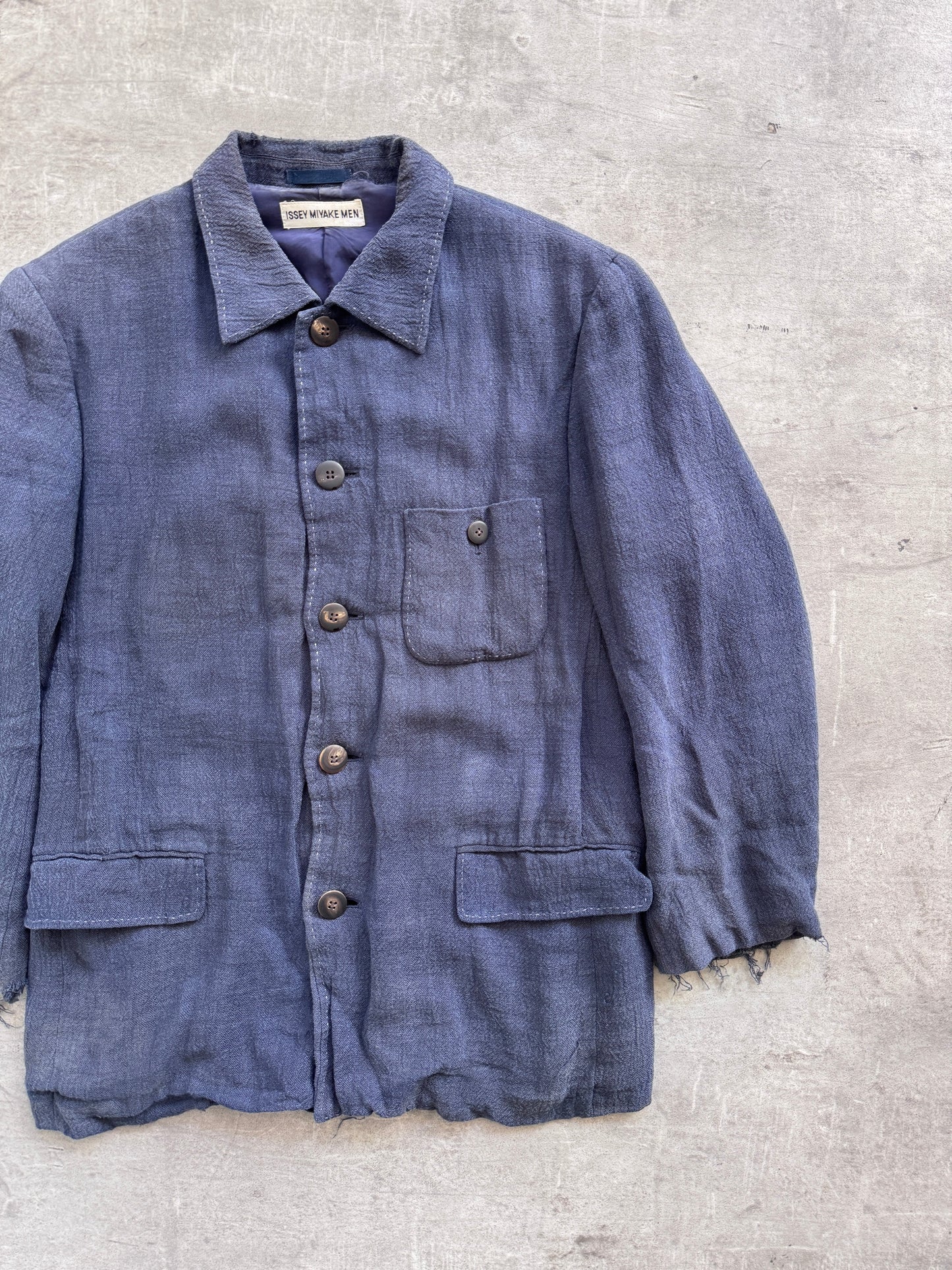 S/S 1997 Issey Miyake Linen Flax Distressed Three Pocket Jacket | Medium, Navy
