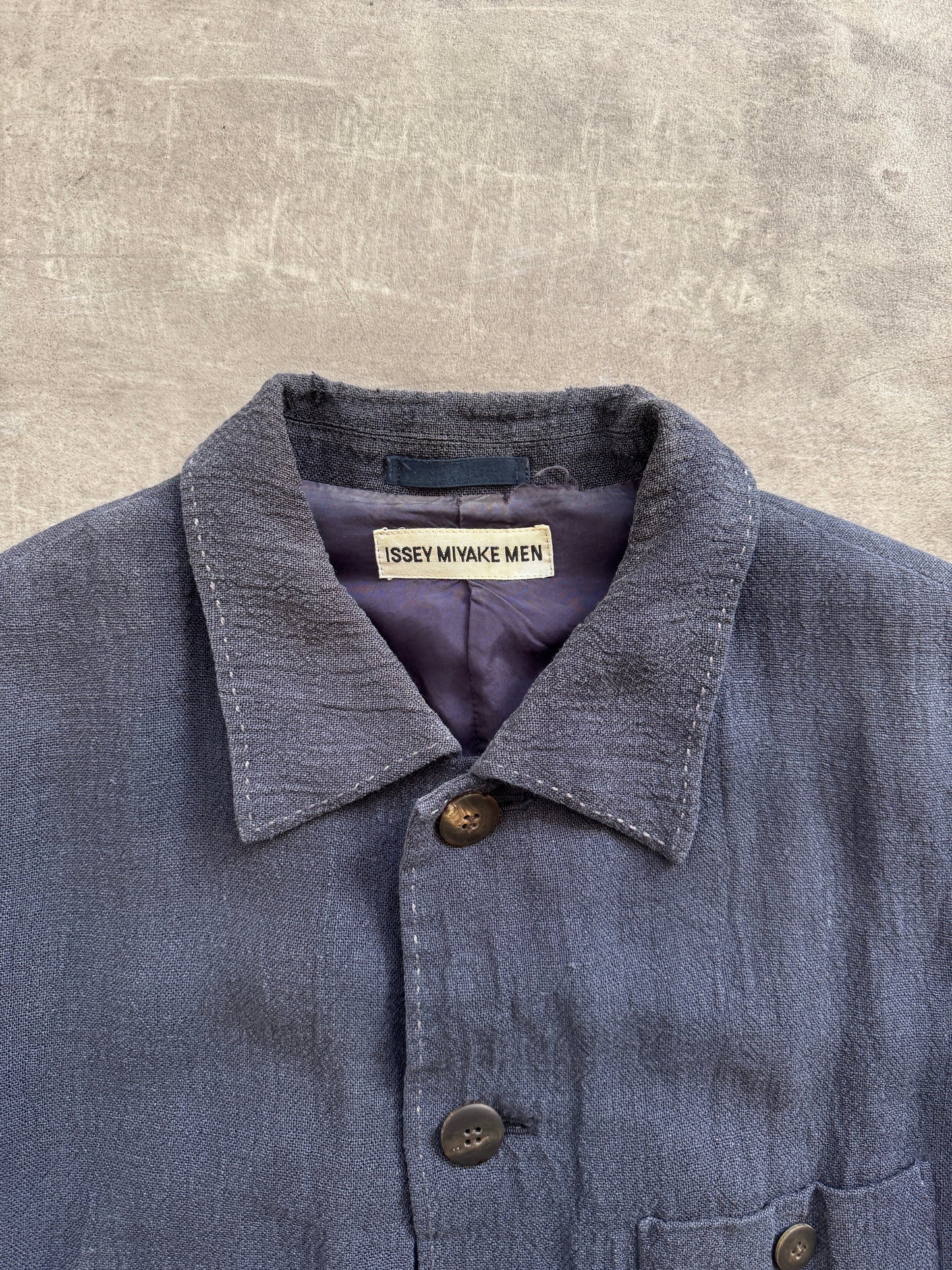 S/S 1997 Issey Miyake Linen Flax Distressed Three Pocket Jacket | Medium, Navy