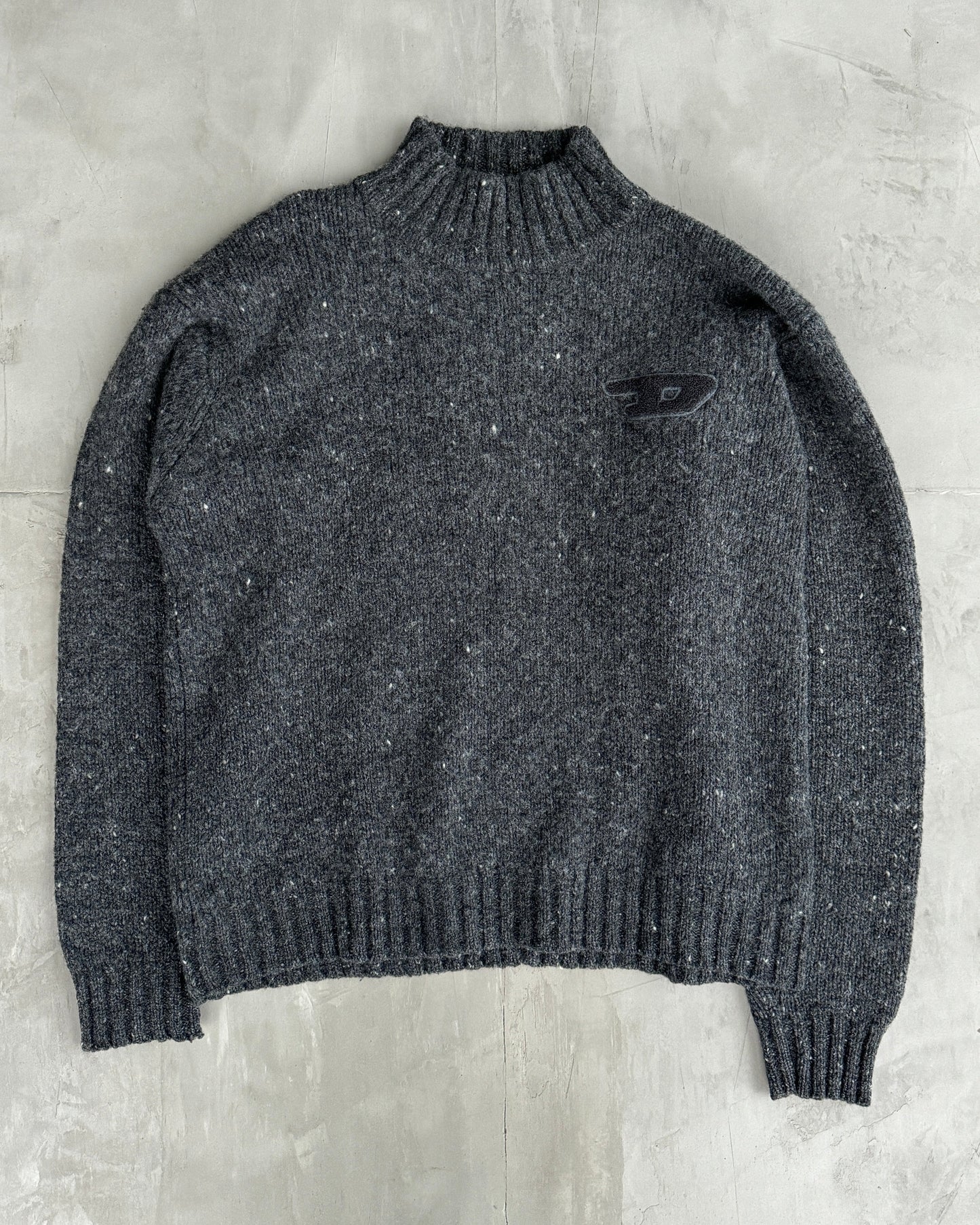 DIESEL 2000'S 'D' MARL KNIT HIGH NECK SWEATSHIRT - L | Large, Grey