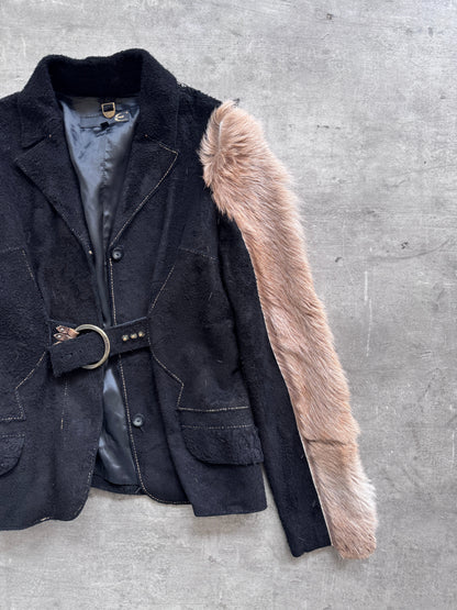 Just Cavalli Fur Sleeve Suede Leather Belted Blazer | Medium, Multicoloured