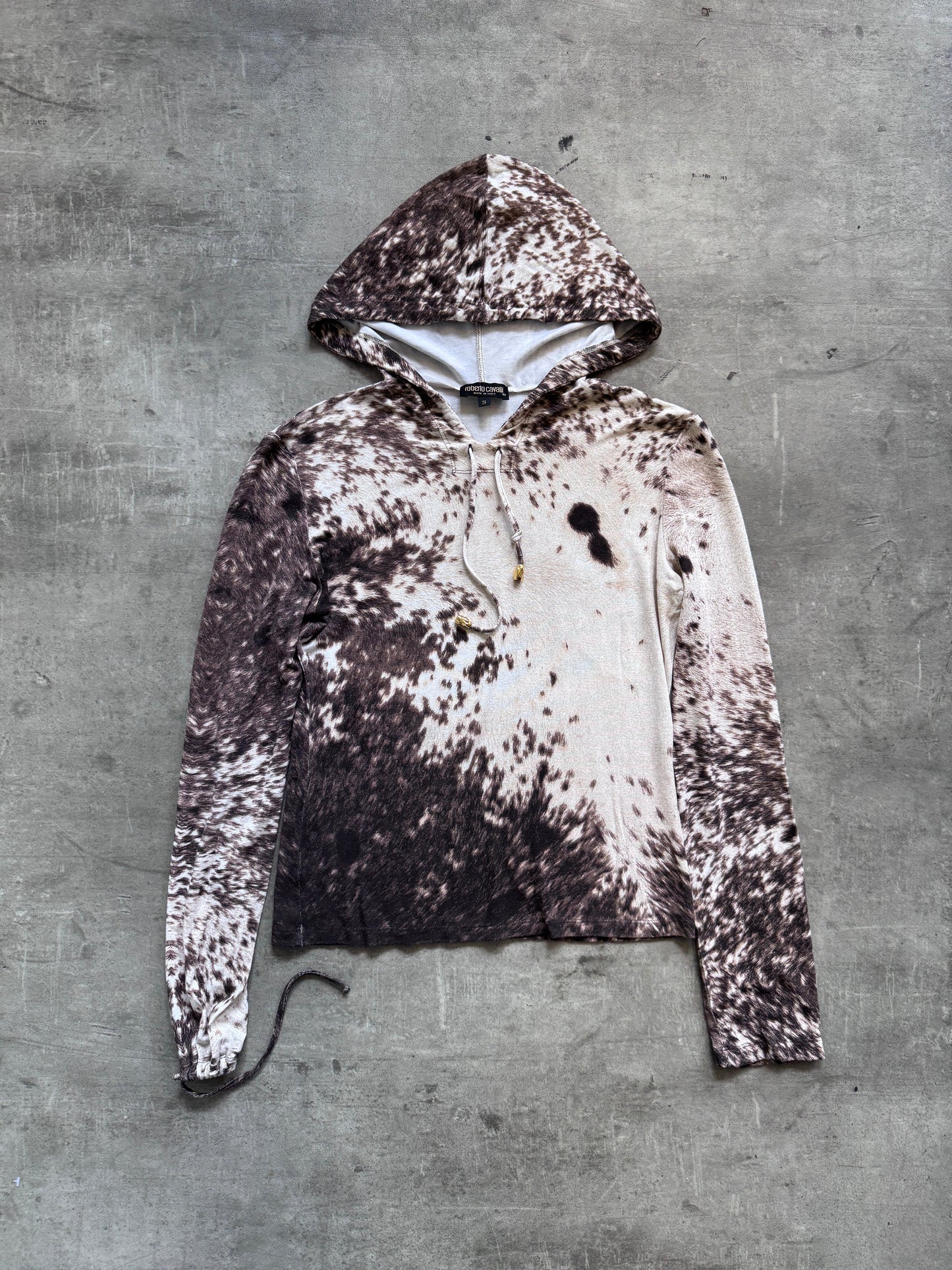Roberto Cavalli Cowprint Hooded Lightweight LS Crop Top | Medium, Brown and White