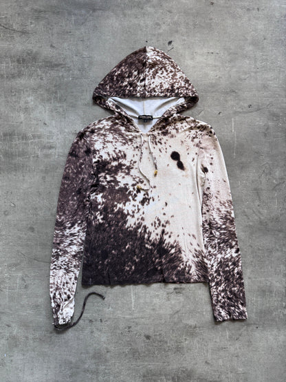 Roberto Cavalli Cowprint Hooded Lightweight LS Crop Top | Medium, Brown and White