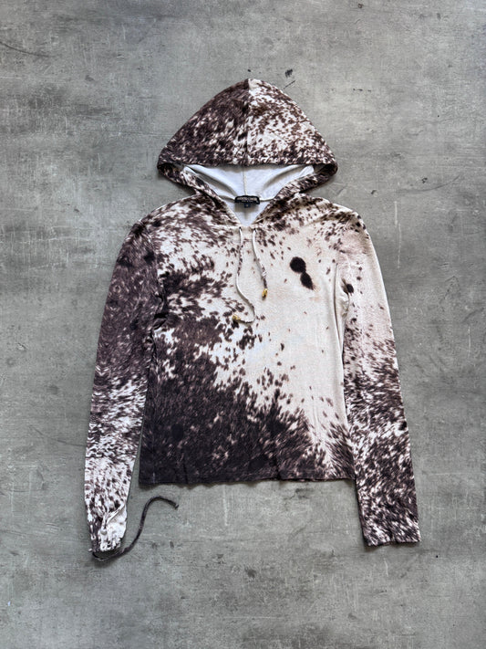 Roberto Cavalli Cowprint Hooded Lightweight LS Crop Top | Medium, Brown and White